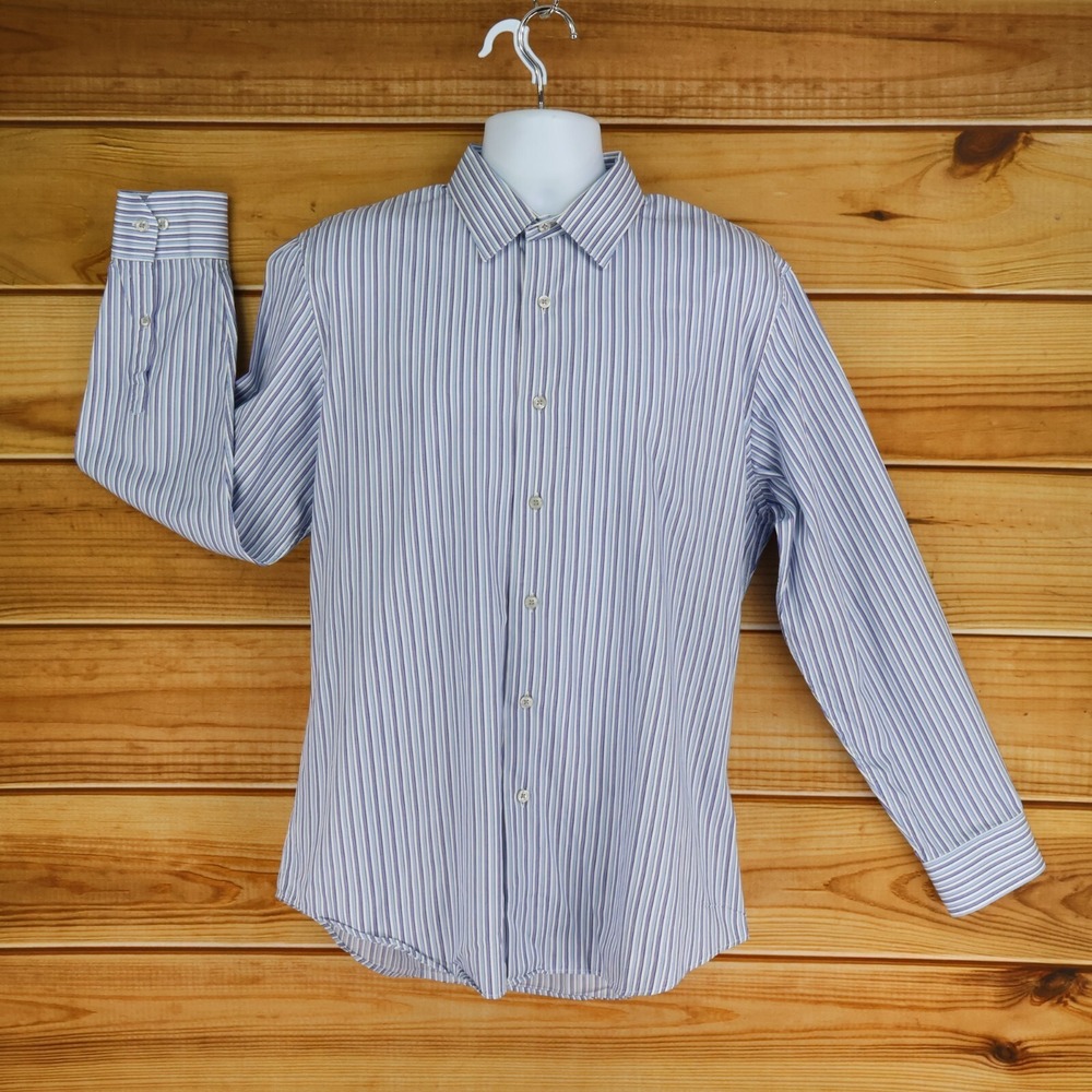 Apt. 9 Dress Shirt Mens L Blue Striped 100% Cotton Point Collar Business Career